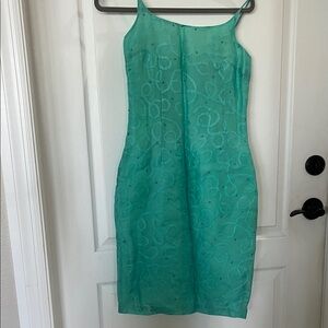 Jane Hamill, mid length bluish green spaghetti strap fancy party dress 6